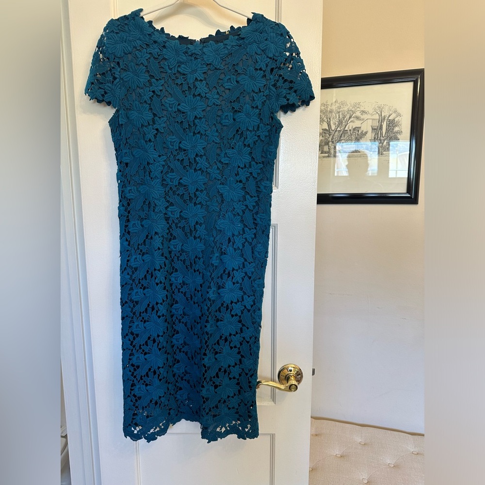 Teal color floral lace dress.